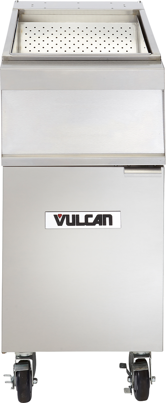 A stainless steel Frymate Holding Station sits atop the VULCAN fryer, serving as a practical fryer add-on unit with a perforated basket. The rectangular fryer features a pull-down door and four caster wheels for easy mobility.