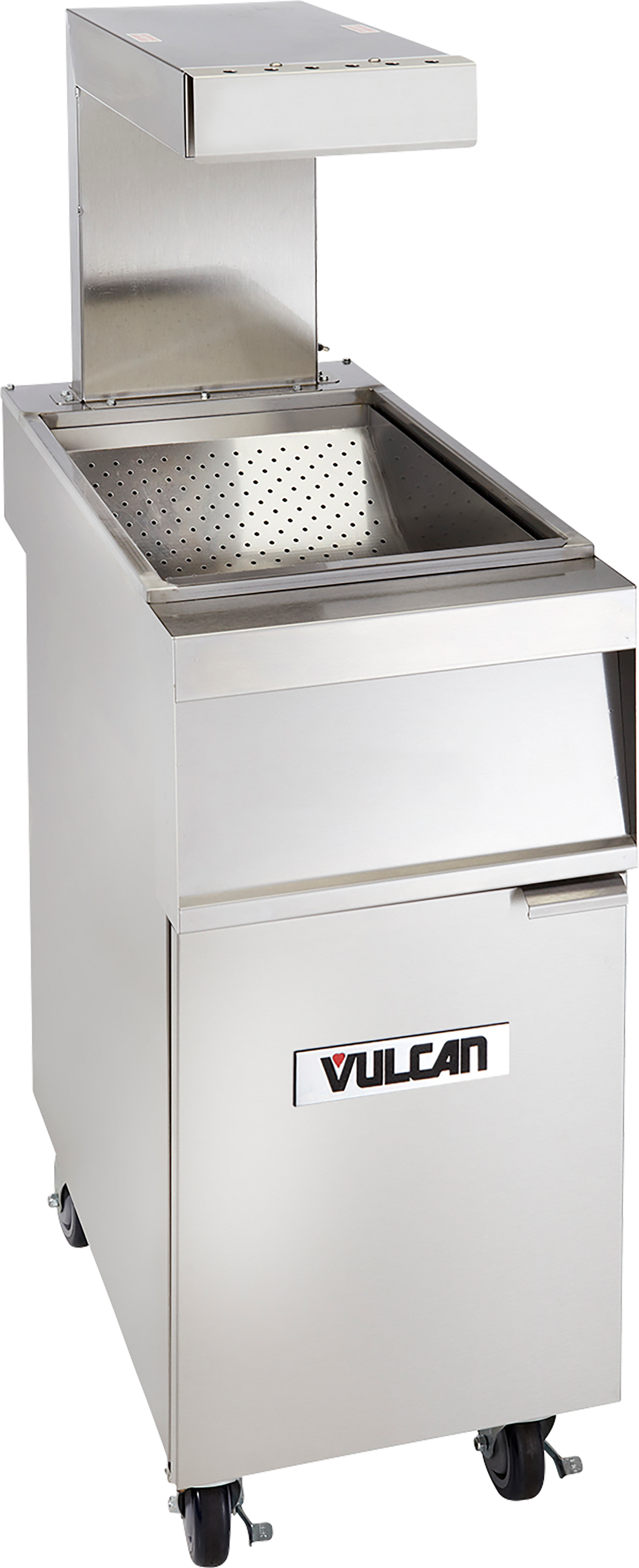 A stainless steel fry station with a deep rectangular basin, perforated insert, top hood, and caster wheels. The door features a Vulcan logo, indicating it may be a Frymate Holding Station or fryer add-on unit for oil filtration.