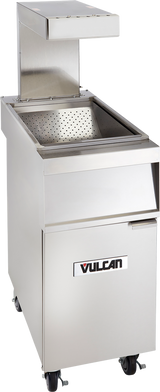 A stainless steel fry station with a deep rectangular basin, perforated insert, top hood, and caster wheels. The door features a Vulcan logo, indicating it may be a Frymate Holding Station or fryer add-on unit for oil filtration.