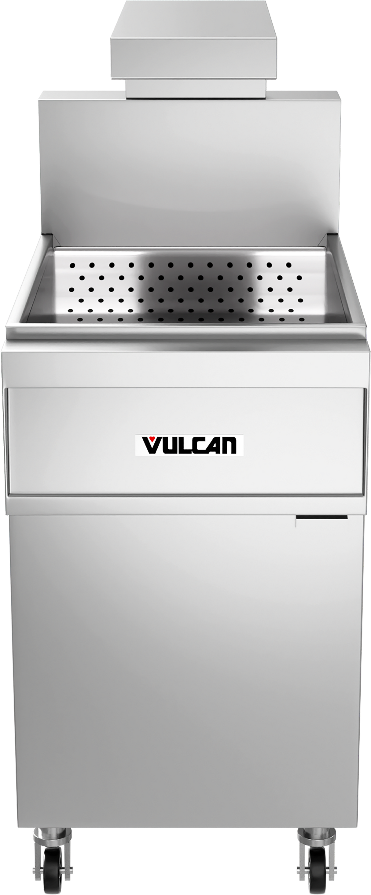 A commercial Vulcan deep fryer with a stainless steel cabinet, featuring a rectangular basin with a perforated metal insert, front control panel, and four caster wheels for mobility. Compatible with the Frymate Holding Station fryer accessory.
