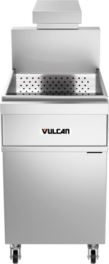 A commercial Vulcan deep fryer with a stainless steel cabinet, featuring a rectangular basin with a perforated metal insert, front control panel, and four caster wheels for mobility. Compatible with the Frymate Holding Station fryer accessory.