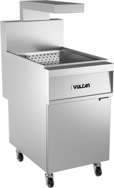 A stainless steel commercial deep fryer on wheels, labeled “Vulcan,” with a perforated fry basket inside and a large overhead hood. The fryer features a front panel, lower stainless steel cabinet, and modern, industrial design.