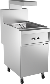 A stainless steel commercial deep fryer on wheels, labeled “Vulcan,” with a perforated fry basket inside and a large overhead hood. The fryer features a front panel, lower stainless steel cabinet, and modern, industrial design.
