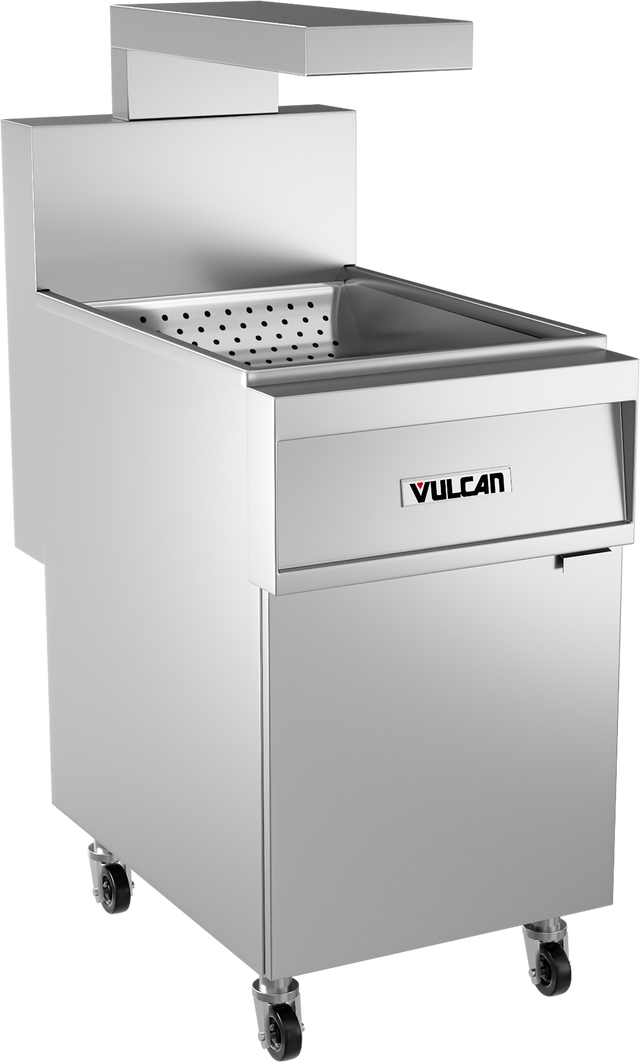 A stainless steel commercial deep fryer on wheels, labeled “Vulcan,” with a perforated fry basket inside and a large overhead hood. The fryer features a front panel, lower stainless steel cabinet, and modern, industrial design.