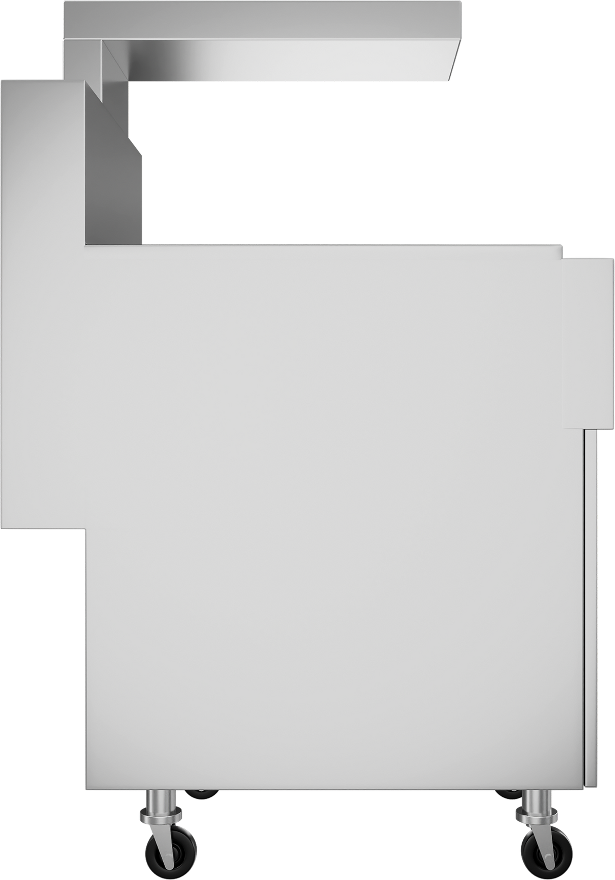 Side view of a modern, rectangular, stainless steel cabinet cart with a raised overhang, four black caster wheels, and a minimalist design. The cart features an angular, asymmetrical shape with clean lines and sharp edges. Background is plain white.