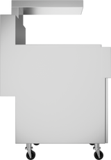 Side view of a modern, rectangular, stainless steel cabinet cart with a raised overhang, four black caster wheels, and a minimalist design. The cart features an angular, asymmetrical shape with clean lines and sharp edges. Background is plain white.