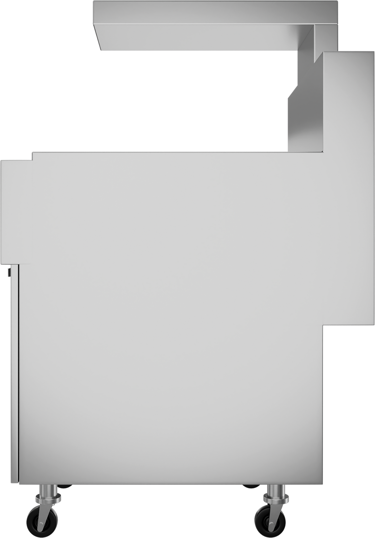 Side view of a stainless steel commercial kitchen cart with four black caster wheels and an upper shelf, featuring a stepped design on the right side. A sleek fryer accessory, it highlights the cart’s smooth, modern, angular structure against a plain white background.