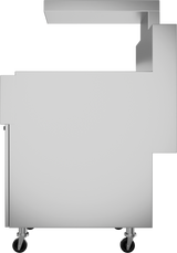 Side view of a stainless steel commercial kitchen cart with four black caster wheels and an upper shelf, featuring a stepped design on the right side. A sleek fryer accessory, it highlights the cart’s smooth, modern, angular structure against a plain white background.