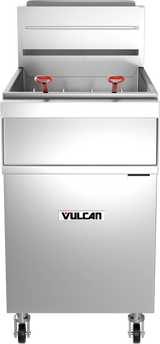 A commercial Vulcan gas fryer on wheels, viewed from the front. Two red-handled baskets rest inside the open stainless steel fry tank beneath a raised lid. The unit is clean, modern, and industrial in appearance.