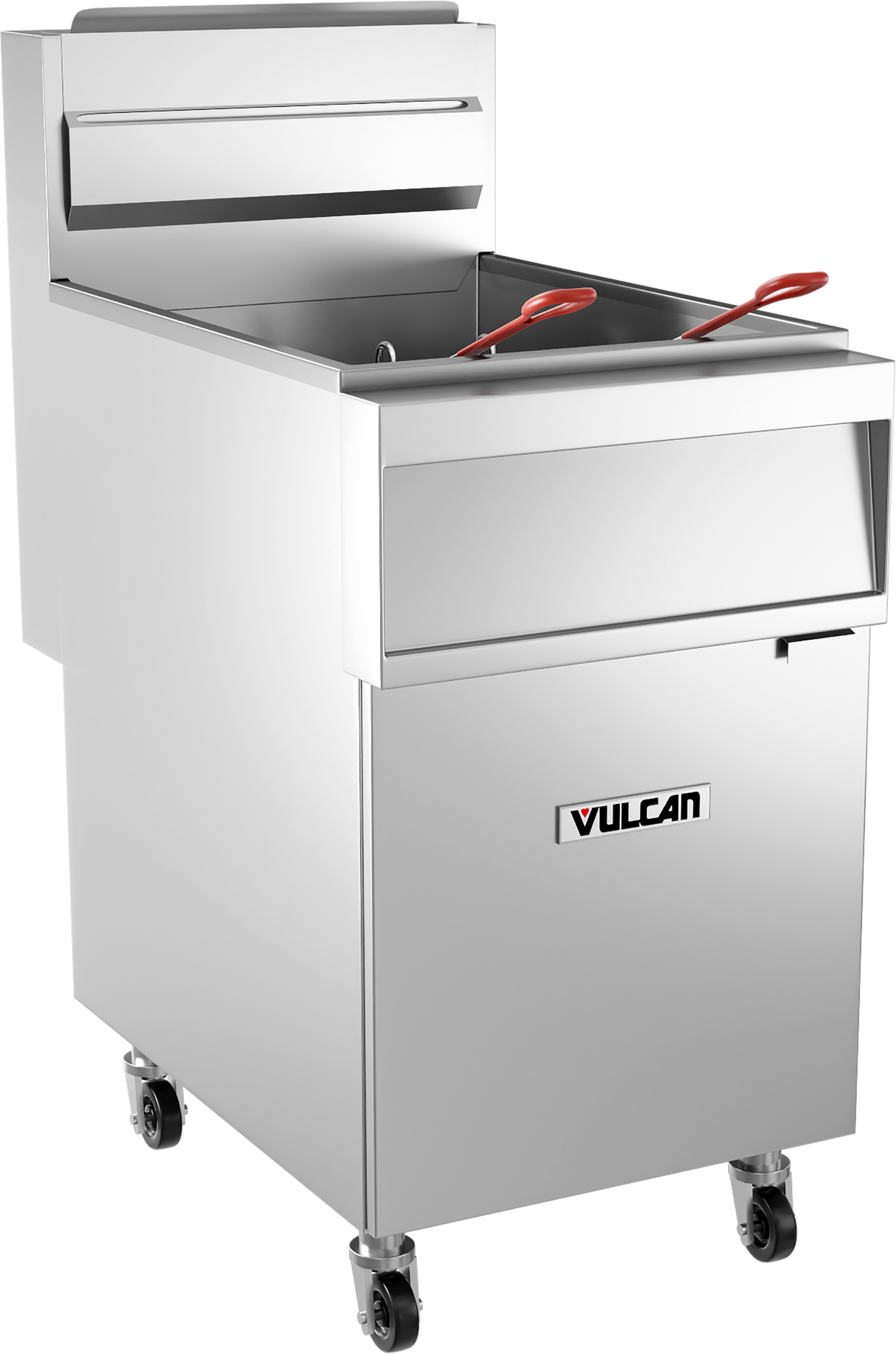 A commercial stainless steel gas fryer on wheels, branded “Vulcan,” with a lid at the back, two metal baskets inside a stainless steel fry tank, and two red-handled frying tools. The unit has a sleek, modern design against a plain white background.