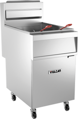 A Vulcan commercial fryer on wheels, with an open top revealing a fryer basket and two red-handled utensils inside. This high capacity fryer features a rectangular shape, wide lip, and storage compartment below—perfect for busy kitchens.
