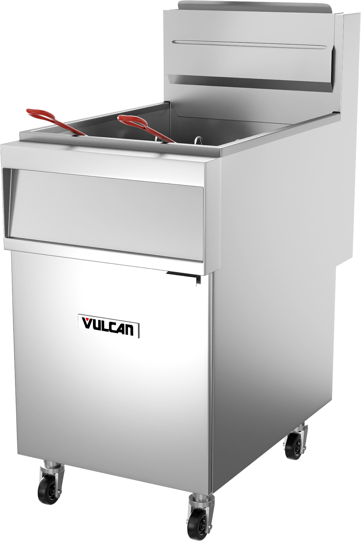 A high capacity commercial gas fryer on wheels with a rectangular basin, two red-handled baskets, and the Vulcan logo. The fryer features a control panel at the top rear and a smooth front door for easy access.