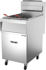 A high capacity commercial gas fryer on wheels with a rectangular basin, two red-handled baskets, and the Vulcan logo. The fryer features a control panel at the top rear and a smooth front door for easy access.