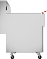 Side view of a modern, silver metal cart with caster wheels—perfect for moving equipment like a gas fryer with a stainless steel fry tank. The cart features clean lines, a rectangular shape, and a handle with two red grips at the top right.