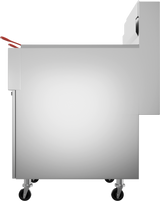 Side view of a stainless steel gas fryer with an 85-90 lbs. capacity, standing on four black caster wheels. A red handle is visible on the upper left, and the sleek design features a durable stainless steel fry tank with clean, sharp angles and edges.