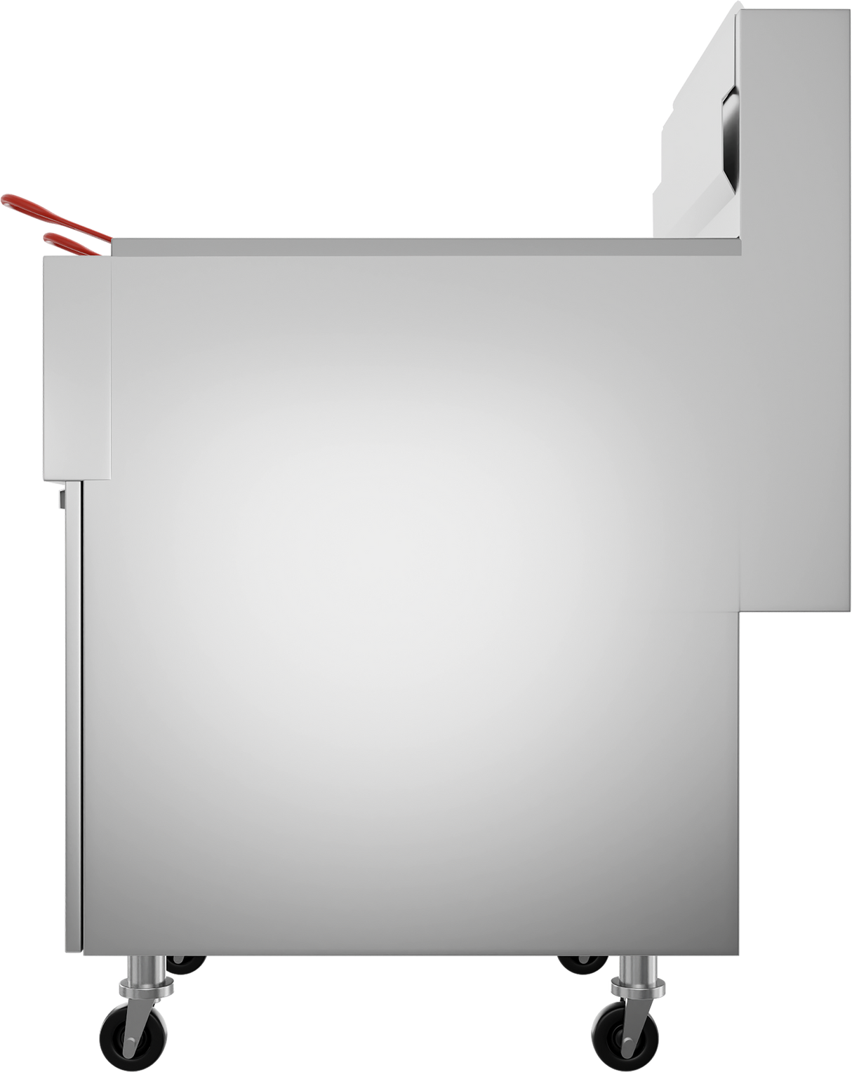Side view of a stainless steel gas fryer on four caster wheels; featuring a smooth surface, a protruding section on the right, and a red-handled part at the back left. Includes a durable stainless steel fry tank. Background is plain white.