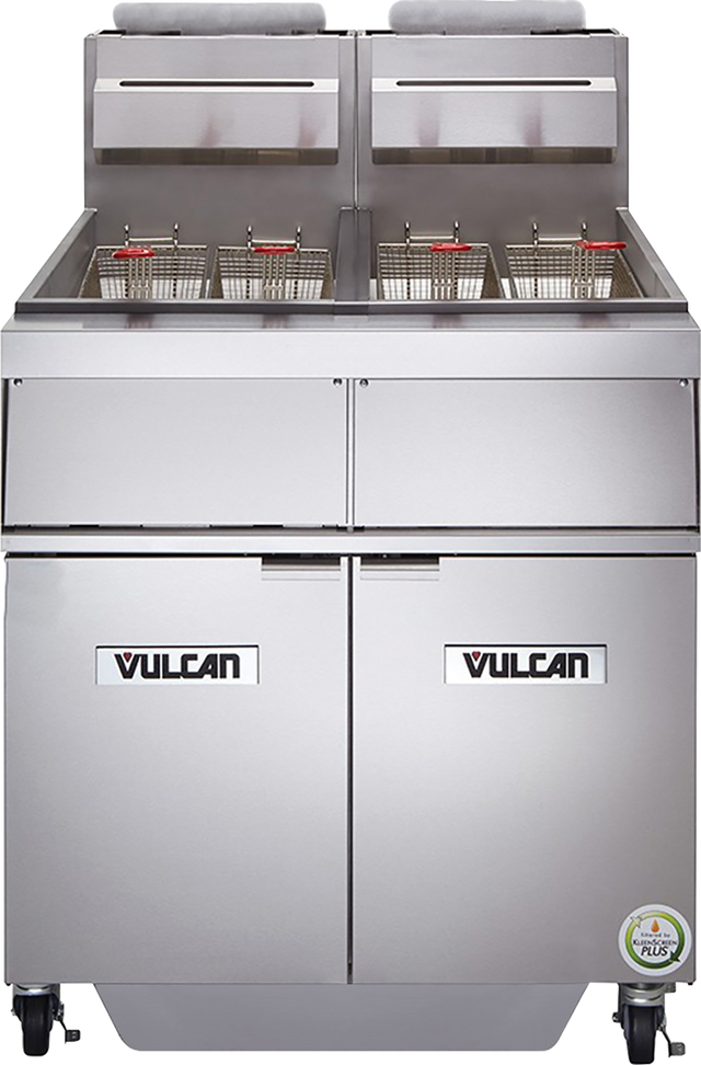 A large commercial stainless steel gas deep fryer with two basket fryers, dual lids, temperature controls, storage compartments below, and a built-in filtration system. The Vulcan brand name is visible on both doors, with an energy efficiency sticker below.