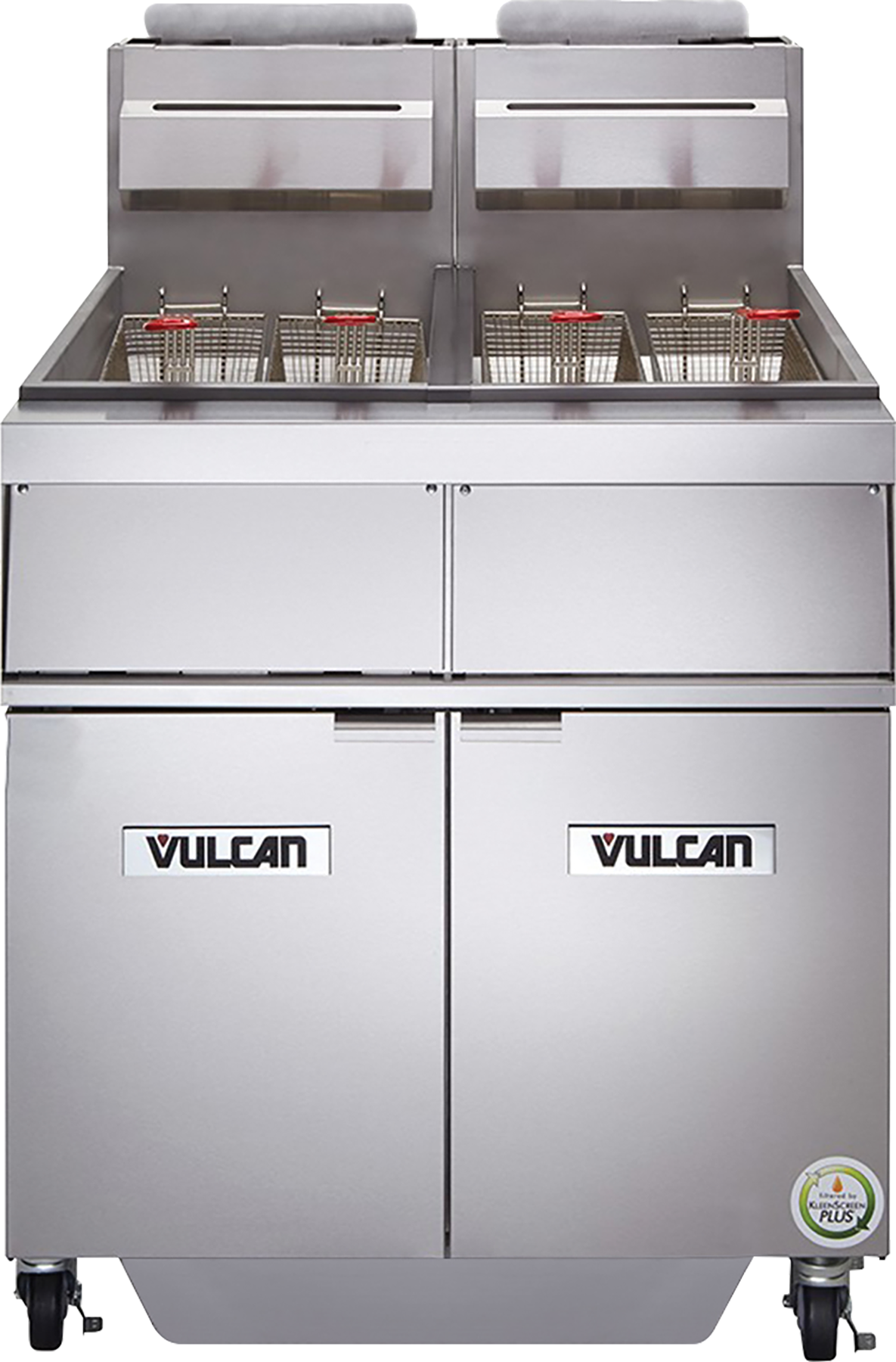 A commercial stainless steel Vulcan gas fryer with KleenScreen Plus filtration features four fryer baskets, two wells, and two control panels. Double doors below offer storage, wheels provide mobility, and the Vulcan logo appears on the front.