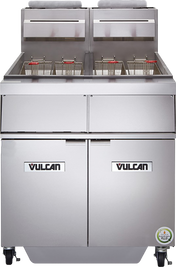 A commercial stainless steel Vulcan gas fryer with KleenScreen Plus filtration features four fryer baskets, two wells, and two control panels. Double doors below offer storage, wheels provide mobility, and the Vulcan logo appears on the front.