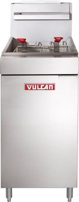 A commercial stainless steel gas fryer with a 35-40 lb capacity, featuring two fryer baskets with red handles. The front displays a red and white “Vulcan” logo. It stands on four legs, with the top lid folded open above the baskets.