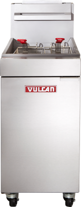 A commercial stainless steel Vulcan gas fryer with a 35-40 lb capacity, two wire baskets with red handles, and four caster wheels, designed for use in restaurant kitchens.
