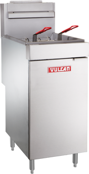 A commercial Vulcan gas fryer with 35-40 lb capacity features two fryer baskets with red handles. This stainless steel unit stands on four legs, has a rectangular shape, and displays the Vulcan logo in red and white on the front panel.