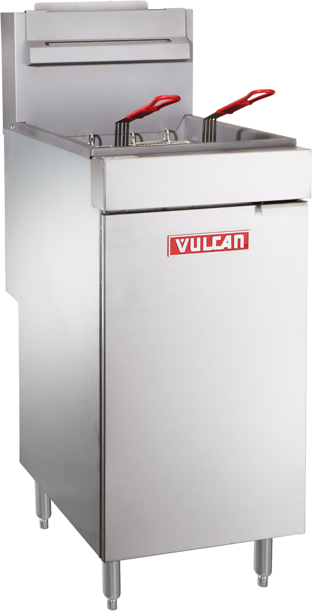 A commercial Vulcan gas fryer with 35-40 lb capacity features two fryer baskets with red handles. This stainless steel unit stands on four legs, has a rectangular shape, and displays the Vulcan logo in red and white on the front panel.