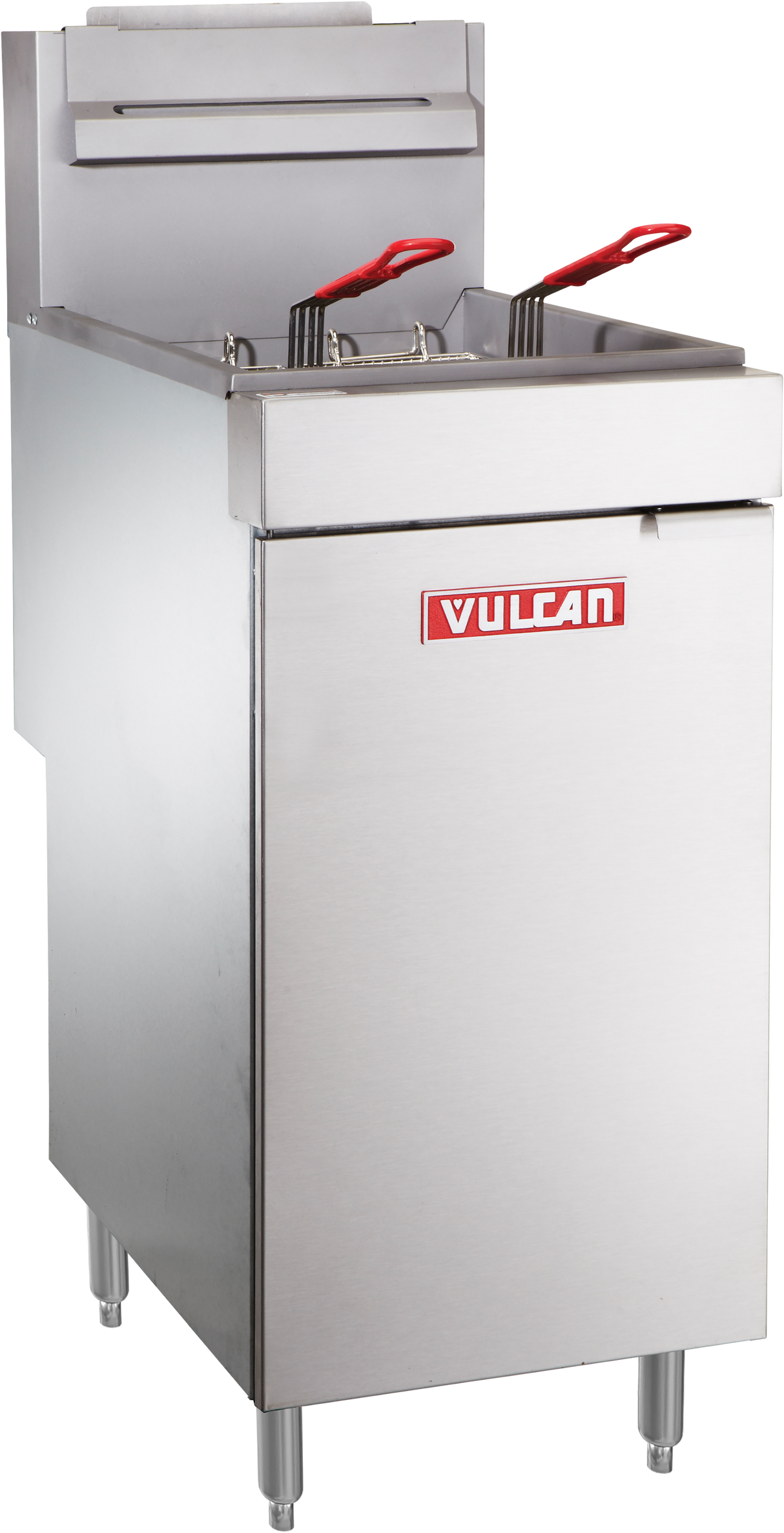 A commercial stainless steel gas fryer with 35-40 lb capacity, featuring two fryer baskets with red handles. The rectangular Vulcan fryer stands on four metal legs, with a visible control panel and oil reservoir on the front.