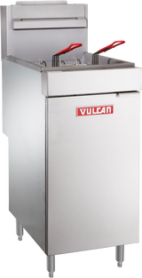 A commercial stainless steel gas fryer with 35-40 lb capacity, featuring two fryer baskets with red handles. The rectangular Vulcan fryer stands on four metal legs, with a visible control panel and oil reservoir on the front.