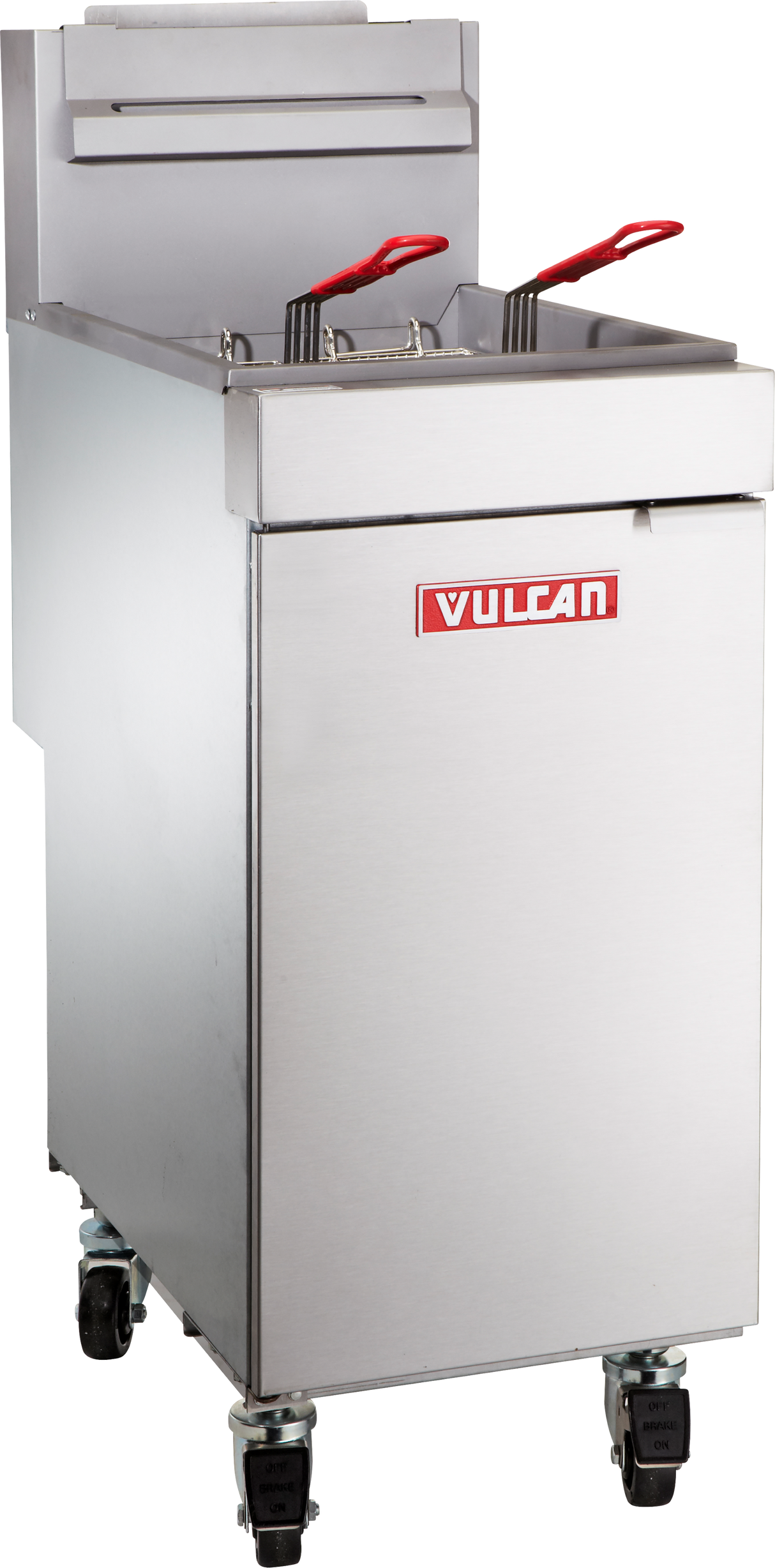 A commercial stainless steel Vulcan gas fryer on wheels, with two metal fry baskets featuring red handles in the oil chamber. The fryer’s control panel and drain are visible, and the appliance has a brushed metal finish with a 35-40 lb capacity.