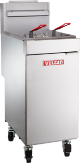 A commercial stainless steel Vulcan gas fryer on wheels, with two metal fry baskets featuring red handles in the oil chamber. The fryer’s control panel and drain are visible, and the appliance has a brushed metal finish with a 35-40 lb capacity.