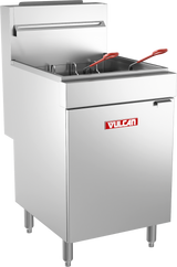 The Vulcan LG500 commercial gas fryer features a 65-70 lb capacity, two fryer baskets with red handles, a top control panel, and sturdy metal legs, all finished in stainless steel with the Vulcan logo displayed on the front.