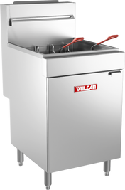 A commercial Vulcan LG500 stainless steel gas fryer with 65-70 lb capacity, featuring two fryer baskets with red handles, a front door, and the Vulcan logo in red and white. The rectangular unit stands on four sturdy metal legs.