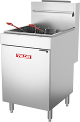 A stainless steel Vulcan LG500 gas fryer with the Vulcan logo on the front, featuring two metal fryer baskets with red handles resting above the oil reservoir. The 65-70 lb capacity fryer stands on four legs and has a rear splash guard.