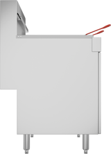 Side view of a Vulcan LG500 gas fryer with a stainless steel exterior, 65-70 lb capacity, two red-handled baskets inside, and four sturdy metal legs. Features a rectangular shape and raised back section for added support or controls.