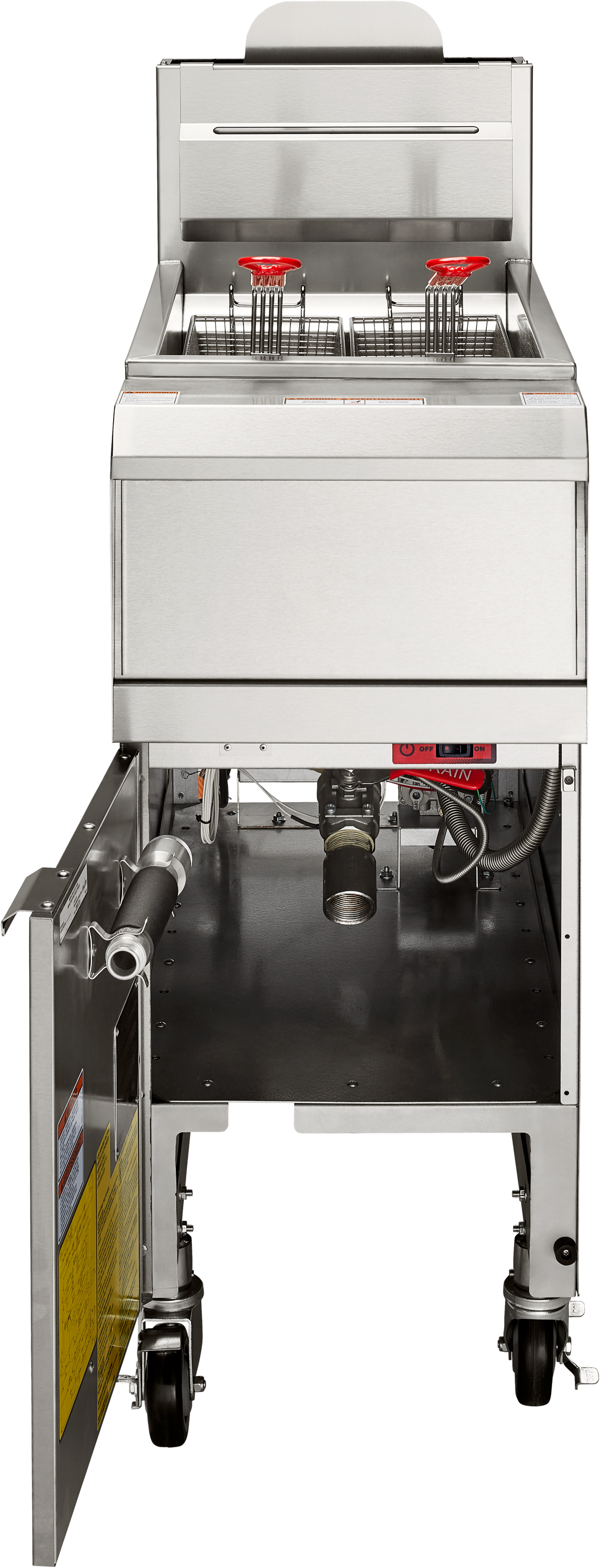 The QuickFry Fryer features a stainless steel exterior and open cabinet door showing internal pipes and wiring. This high efficiency gas fryer boasts a 50 lbs. capacity, with two fryer baskets, caster wheels, and safety labels inside the door.