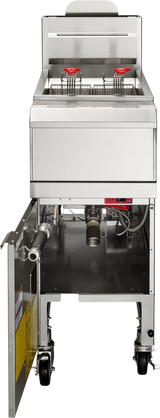 The QuickFry Fryer features a stainless steel exterior and open cabinet door showing internal pipes and wiring. This high efficiency gas fryer boasts a 50 lbs. capacity, with two fryer baskets, caster wheels, and safety labels inside the door.