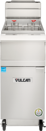 A commercial stainless steel QuickFry Fryer by Vulcan with two frying baskets, each with red handles. This high efficiency fryer stands on wheels, has front control knobs, a logo, labels, a temperature warning sticker, and 50 lbs. capacity.