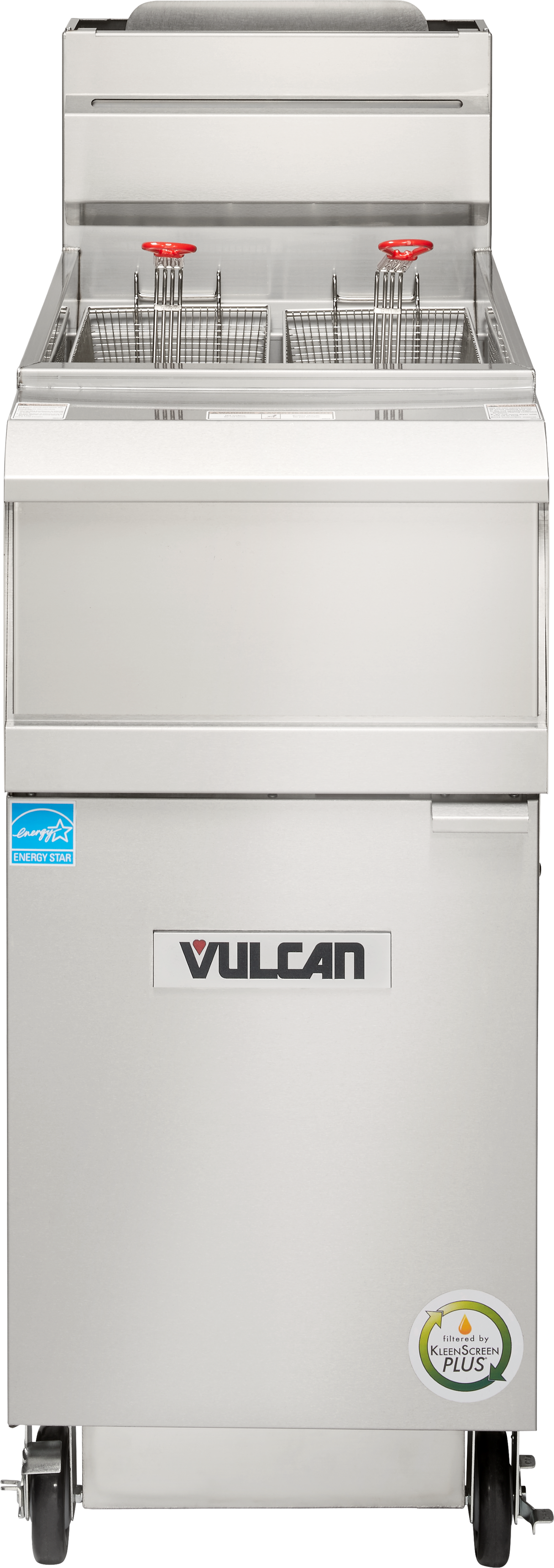 A commercial gas fryer, the Vulcan QuickFry features high efficiency, digital controls, two baskets with red handles, wheels for easy mobility, and front stickers showcasing branding and certifications.