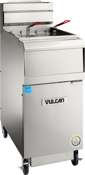 A commercial Vulcan QuickFry Fryer with a stainless steel finish, two metal frying baskets with red handles, a control panel, and wheels for mobility. This high efficiency fryer features Vulcan and certification stickers on the front.
