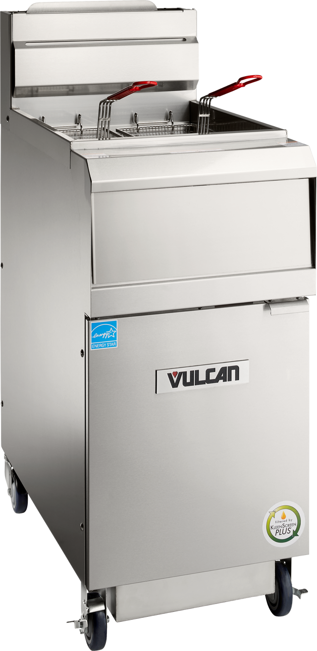 A commercial Vulcan QuickFry Fryer with a stainless steel finish, two metal frying baskets with red handles, a control panel, and wheels for mobility. This high efficiency fryer features Vulcan and certification stickers on the front.