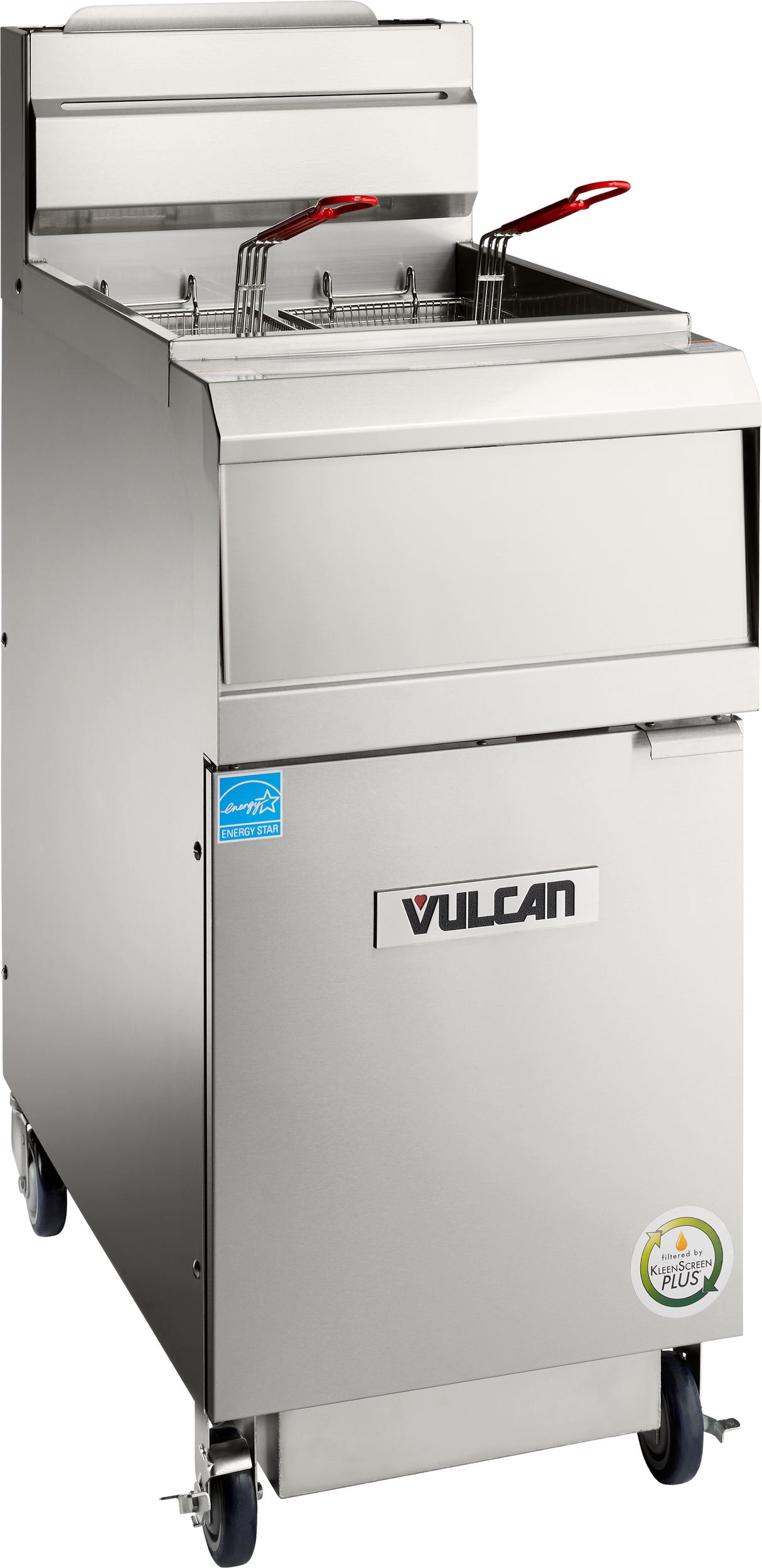A commercial stainless steel Vulcan QuickFry high efficiency fryer on wheels with two fry baskets featuring red handles. The fryer includes a control panel, a logo on the door, small certification stickers, and a backsplash guard on top.