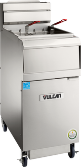 A commercial stainless steel Vulcan QuickFry high efficiency fryer on wheels with two fry baskets featuring red handles. The fryer includes a control panel, a logo on the door, small certification stickers, and a backsplash guard on top.