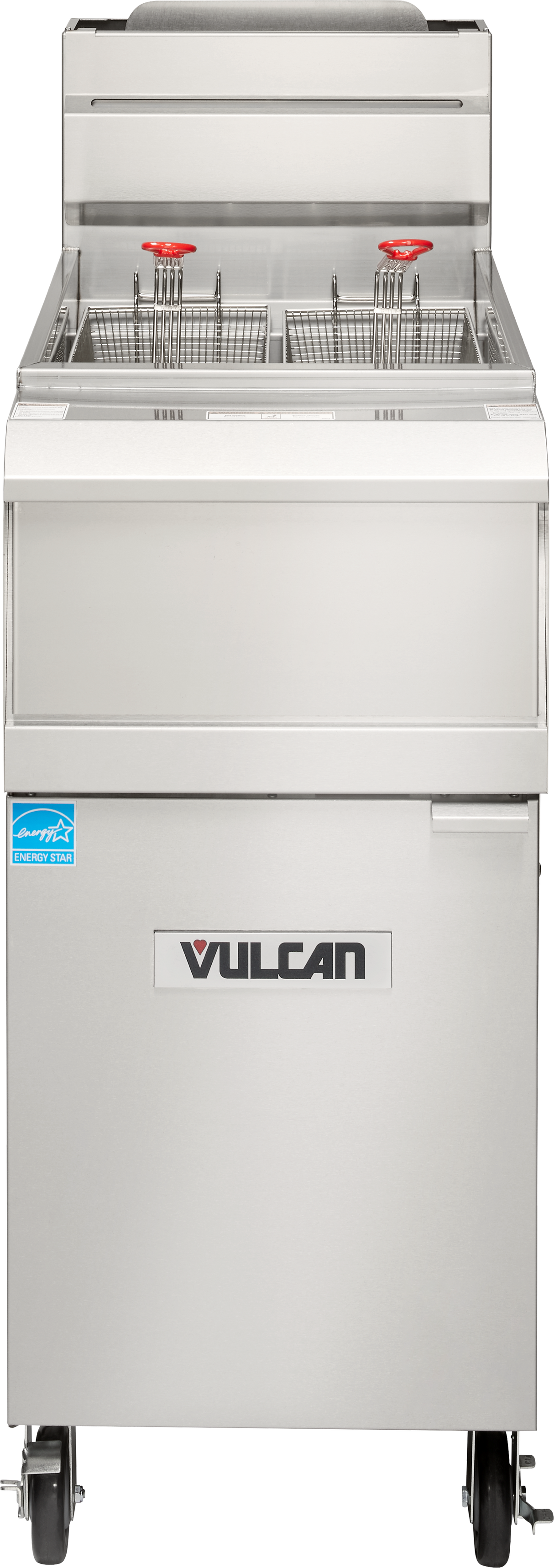 A commercial Vulcan QuickFry Fryer with 50 lbs. capacity, two fryer baskets with red handles, stainless steel finish, mounted on wheels, and a blue ENERGY STAR label. This high efficiency gas fryer is clean and photographed from the front against a white background.