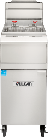 A commercial Vulcan QuickFry Fryer with 50 lbs. capacity, two fryer baskets with red handles, stainless steel finish, mounted on wheels, and a blue ENERGY STAR label. This high efficiency gas fryer is clean and photographed from the front against a white background.