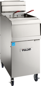 A sleek, high efficiency gas fryer, the Vulcan QuickFry Fryer features 50 lbs. capacity, two baskets with red handles, a storage cabinet, and smooth wheels—perfect for any professional kitchen.
