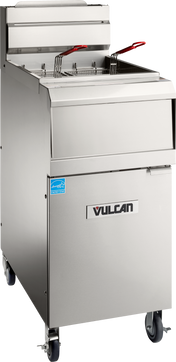 A sleek, high efficiency gas fryer, the Vulcan QuickFry Fryer features 50 lbs. capacity, two baskets with red handles, a storage cabinet, and smooth wheels—perfect for any professional kitchen.