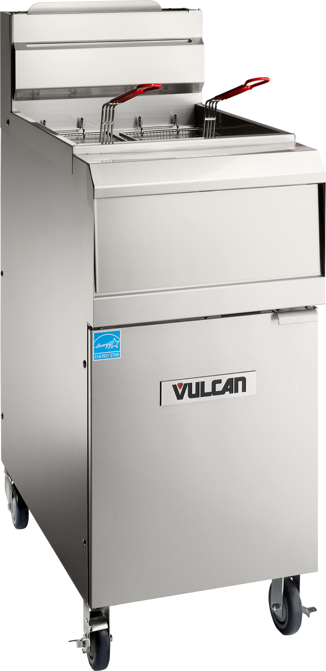 A sleek, high efficiency gas fryer, the Vulcan QuickFry Fryer features 50 lbs. capacity, two baskets with red handles, a storage cabinet, and smooth wheels—perfect for any professional kitchen.