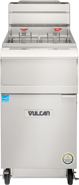 A Vulcan QuickFry commercial stainless steel deep fryer with a front panel logo. Two metal fryer baskets with red handles rest in this high efficiency gas fryer, which features stickers on the lower front and a clean, industrial design.