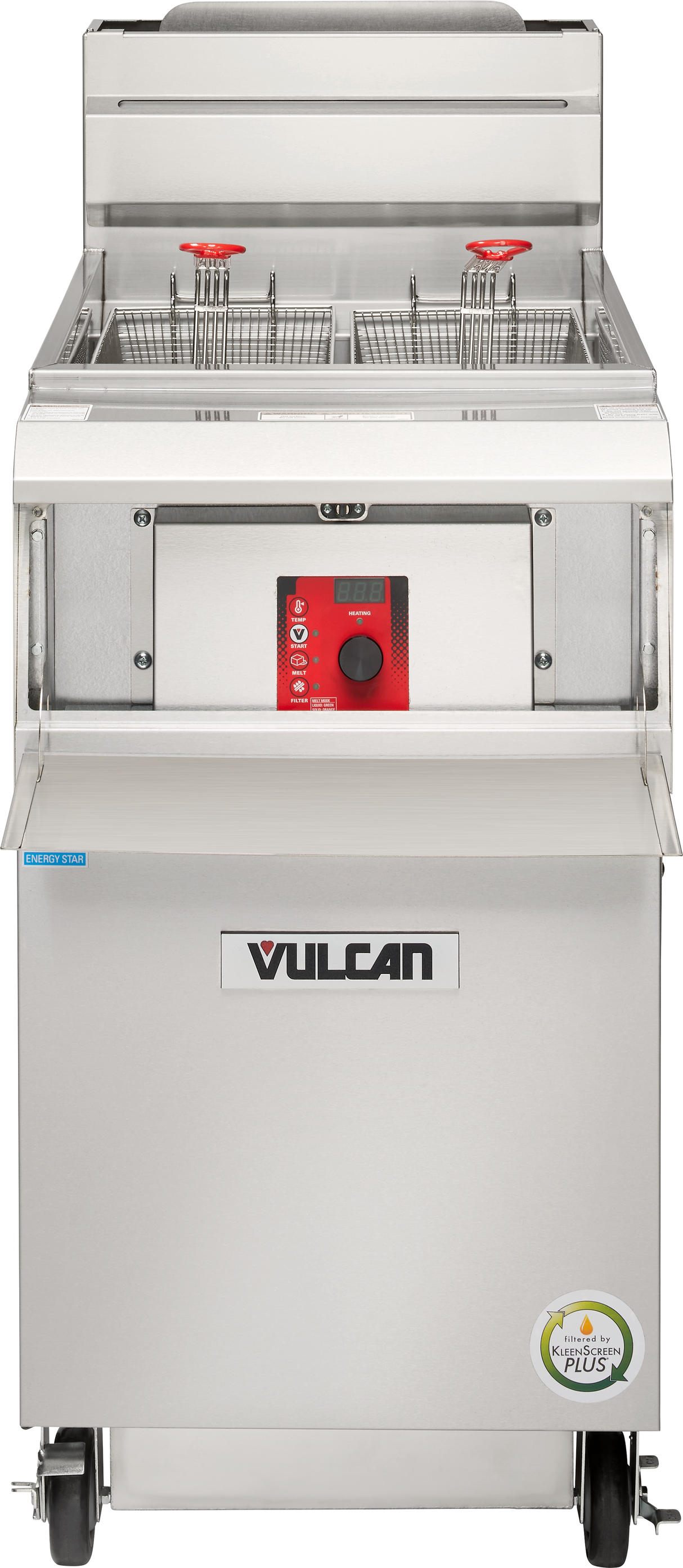 A high efficiency gas fryer with a stainless steel exterior, two metal frying baskets, digital control panel, and fold-down front shelf. The Vulcan QuickFry Fryer offers a 75 lbs. capacity and stands on four wheels for easy mobility.